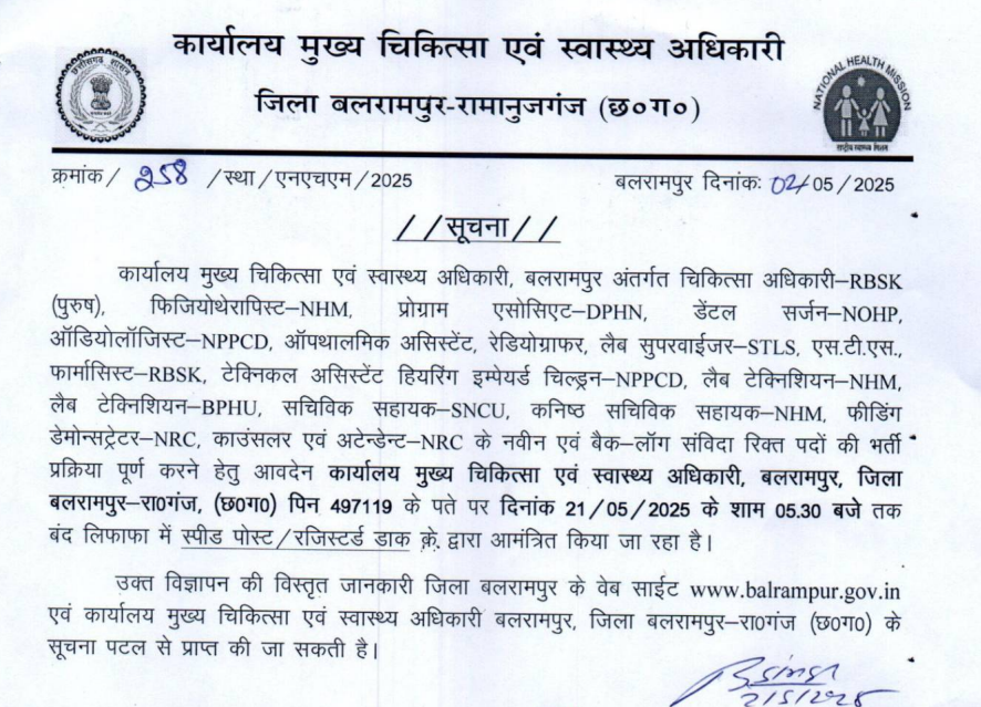 CMHO Balrampur Recruitment 2025 Notification