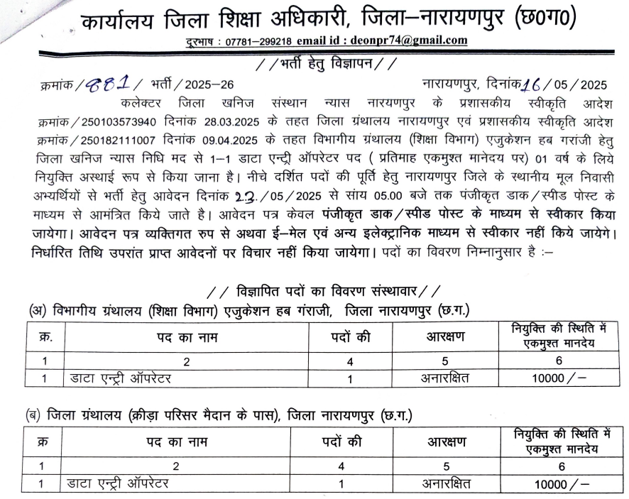 Data Entry Operator Naryanpur Vacancy 2025
