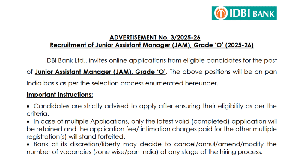 IDBI Bank Junior Assistant Manager Recruitment 2025