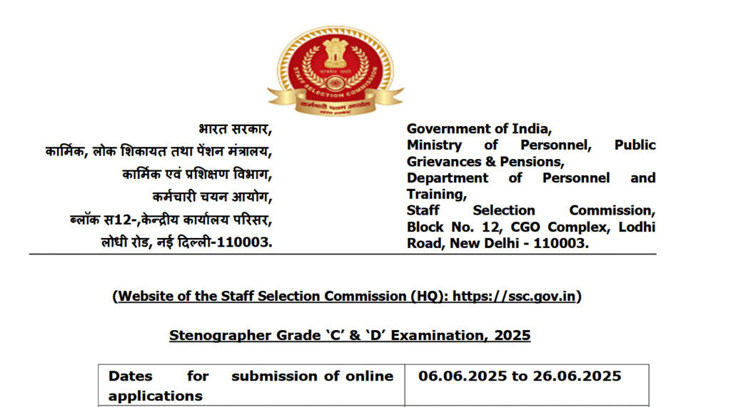 SSC Stenographer Recruitment 2025
