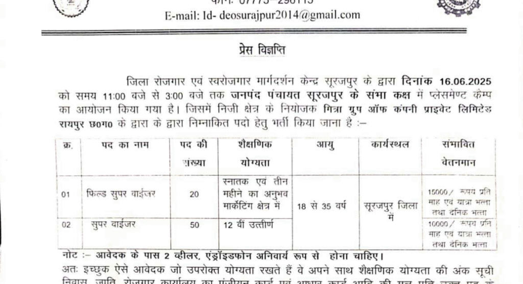Rojgar Karyalaya Surajpur Placement Camp Vacancy 2025