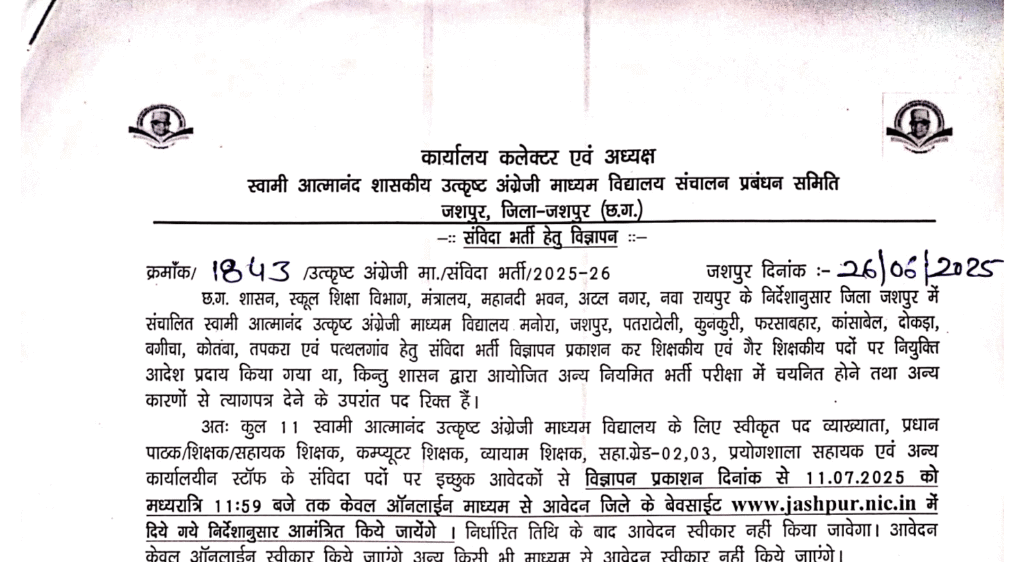 Swami Atmanand School Staff Bharti 2025