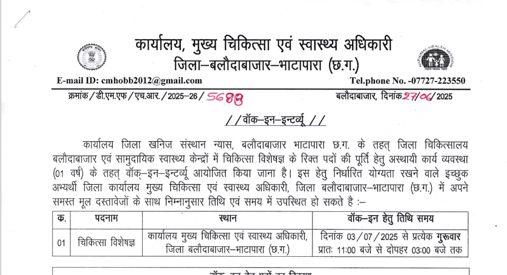 Balodabazar Walk In Interview Vacancy 2025