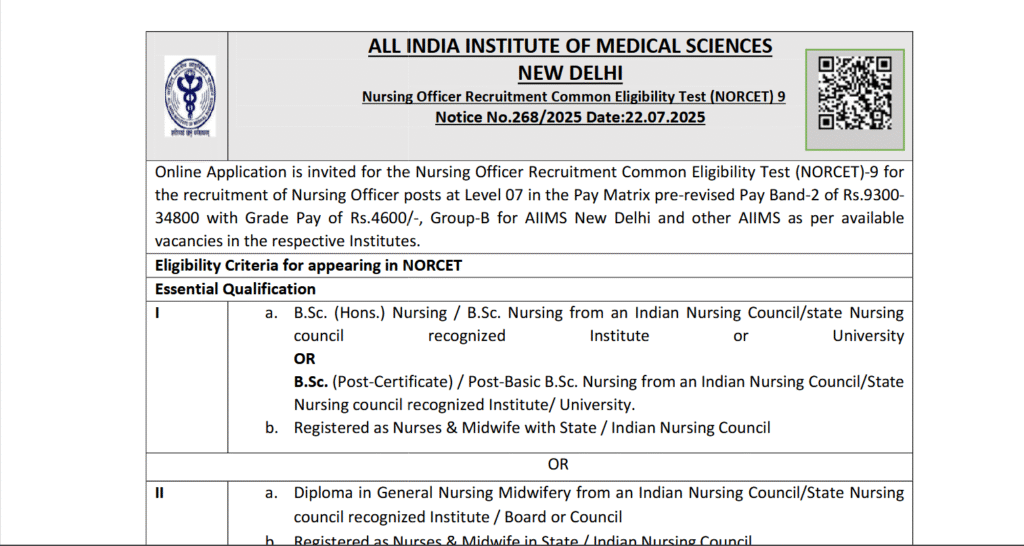 AIIMS NORCET 9 Nursing Officer Recruitment 2025