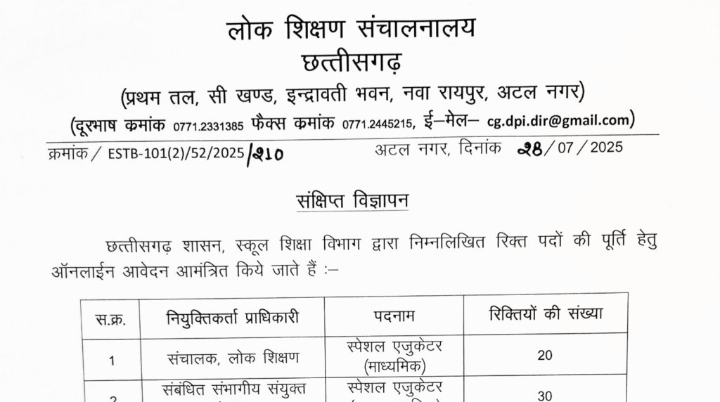 CG Special Educator Vacancy 2025-26