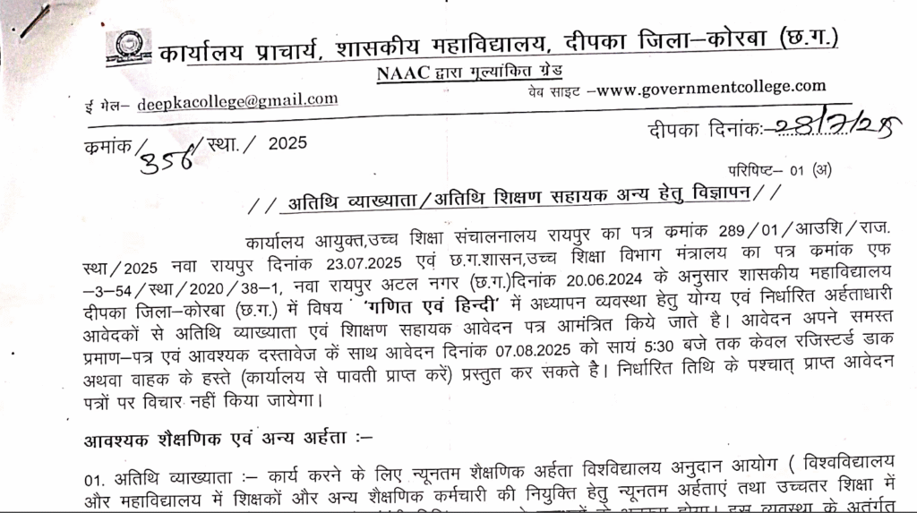 Govt College Korba Guest Teacher Vacancy 2025