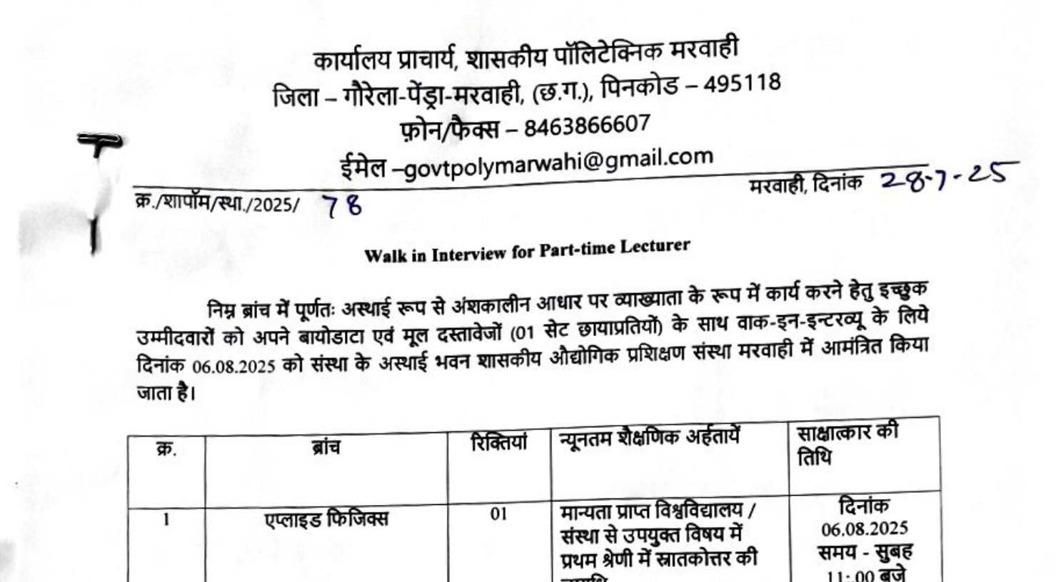 Part Time lecturers Vacancy in Govt. Polytechnic Marwahi
