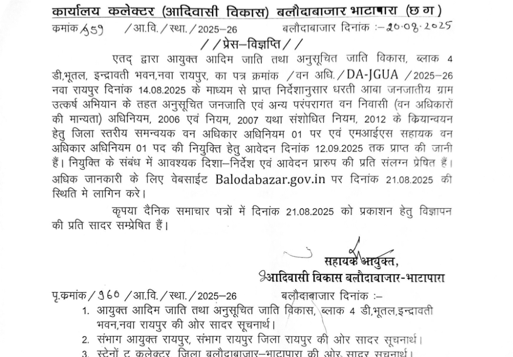 कलेक्टर कार्यालय बलौदाबाजार भर्ती 2025