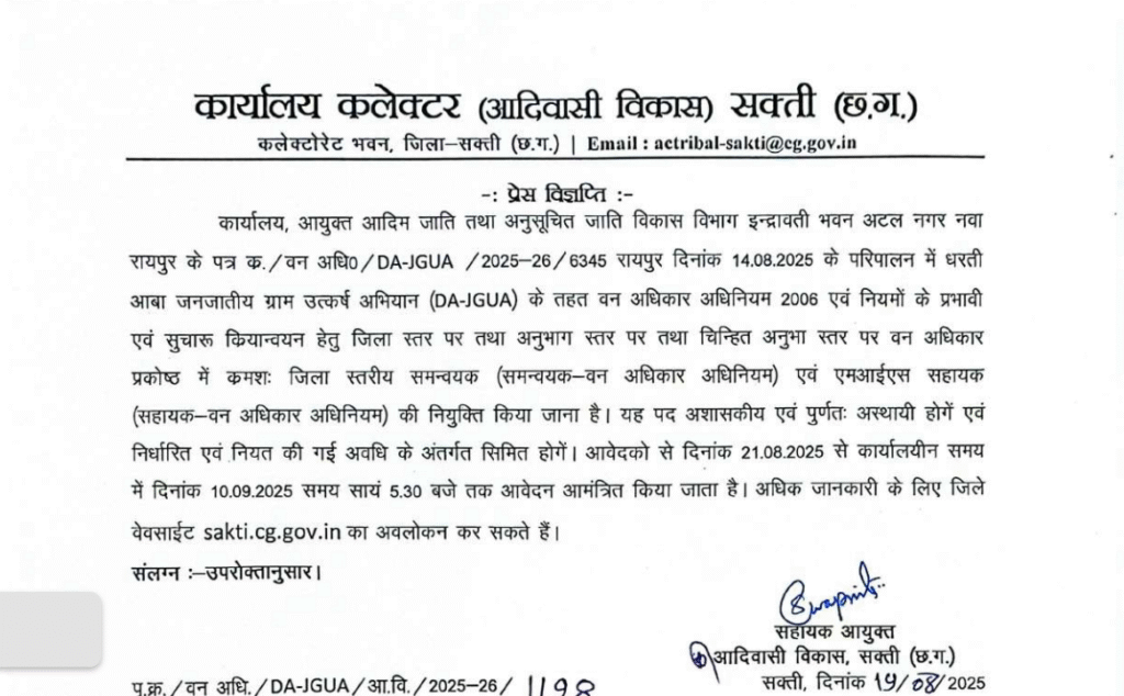 कलेक्टर कार्यालय सक्ती भर्ती 2025