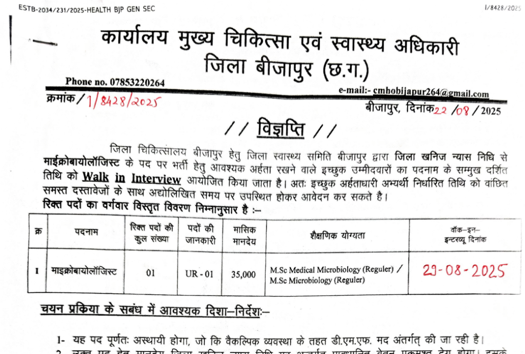 छत्तीसगढ़ में माइक्रोबायोलॉजिस्ट भर्ती 2025