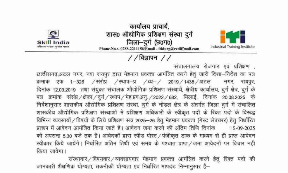 Govt ITI Durg Vacancy 2025-26
