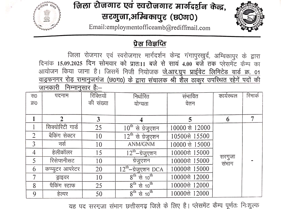 जिला रोजगार एवं स्वरोजगार मार्गदर्शन केन्द्र अम्बिकापुर