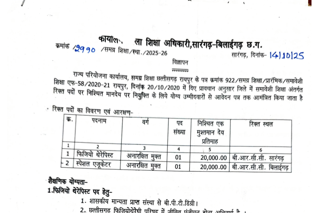 कार्यालय शिक्षा अधिकारी सारंगढ़-बिलाईगढ़ भर्ती 2025