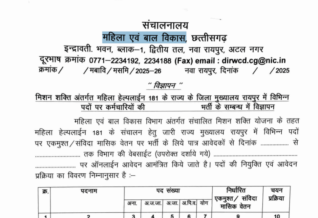 महिला एवं बाल विकास भर्ती 2025