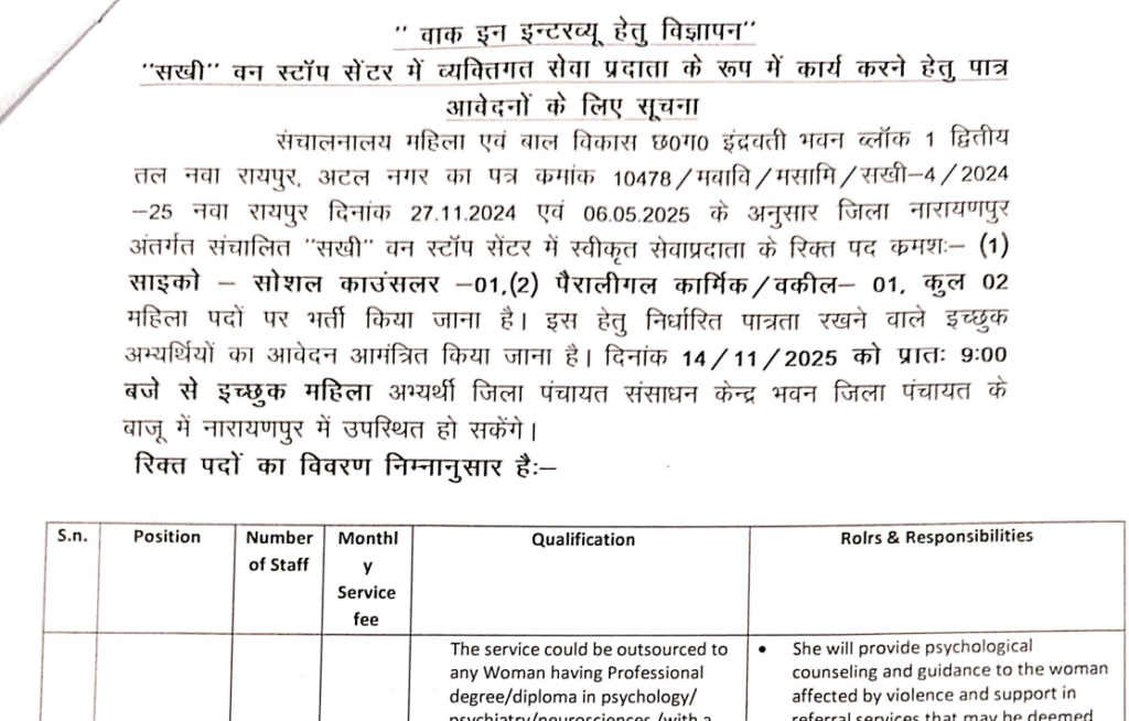 सखी वन स्टॉप सेंटर नारायणपुर भर्ती 2025
