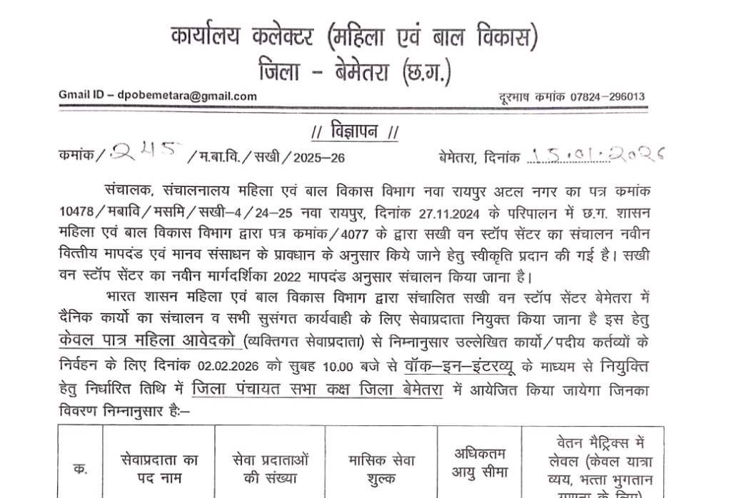 कार्यालय कलेक्टर (महिला एवं बाल विकास) जिला - बेमेतरा भर्ती 2026