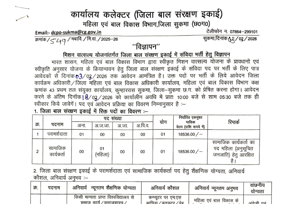 Sukma Child Protection Recruitment 2026