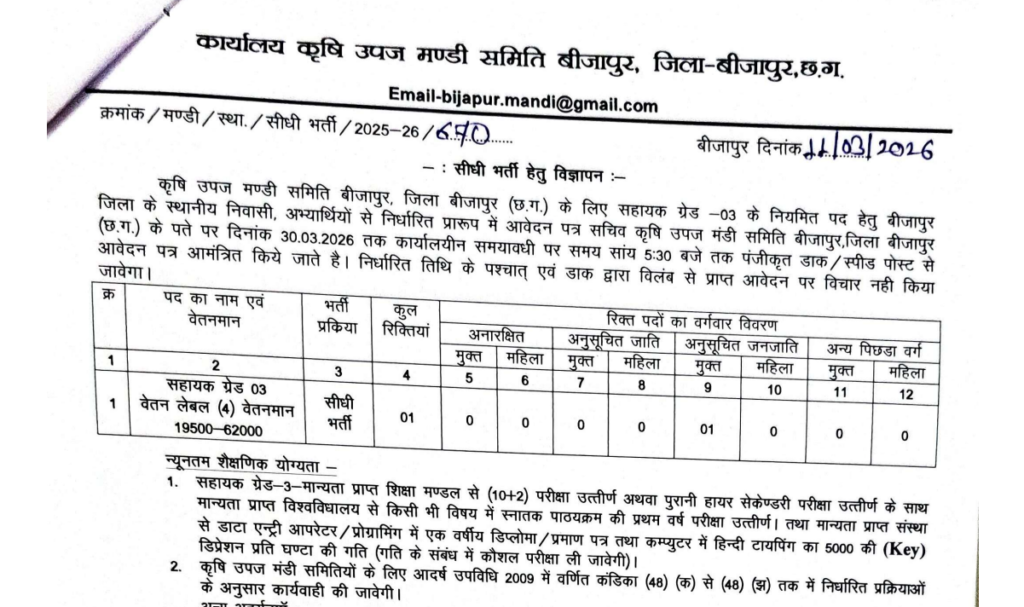 कृषि उपज मंडी समिति बीजापुर भर्ती 2026