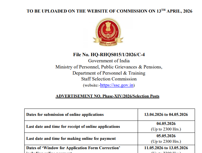 SSC Phase 14 Bharti 2026