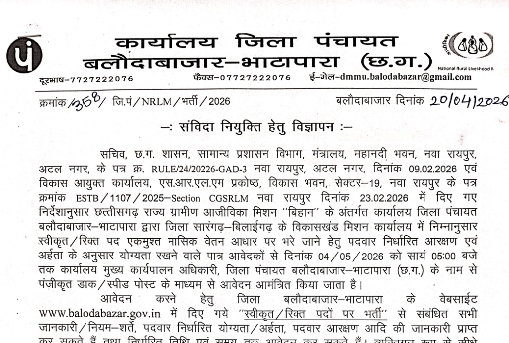 Zila Panchayat Balodabazar Vacancy 2026