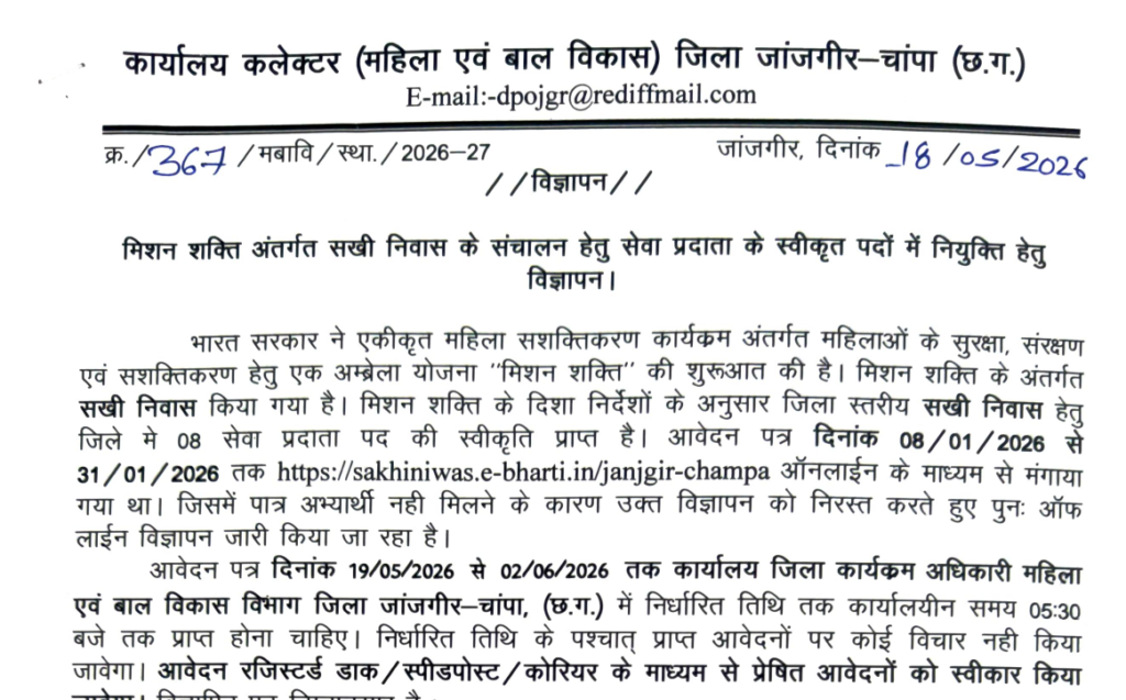 Janjgir Sakhi Niwas Bharti 2026