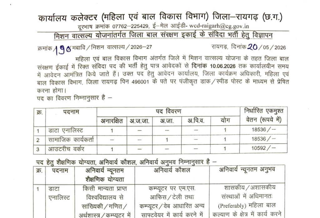 Raigarh Mission Vatsalya Bharti 2026