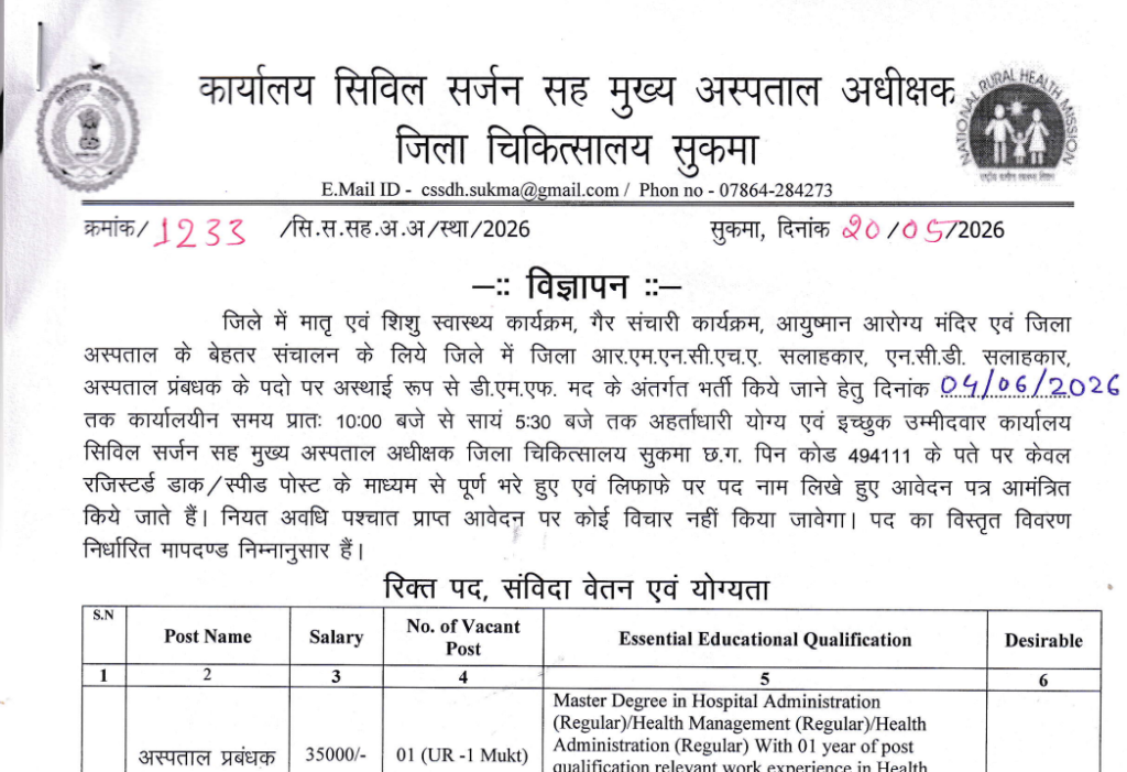Sukma District Hospital Bharti 2026