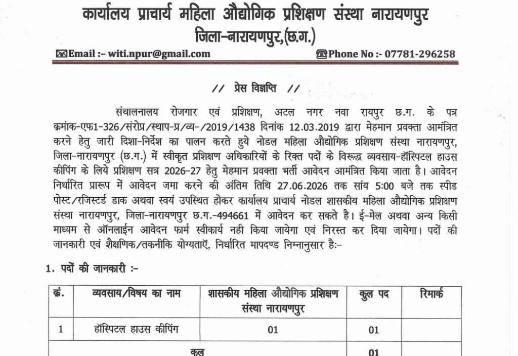 ITI Narayanpur Guest Lecturer Recruitment 2026