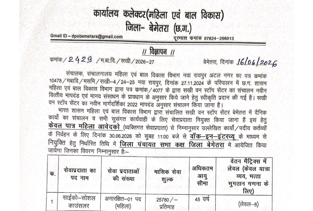 Sakhi One Stop Centre Bemetara Recruitment 2026