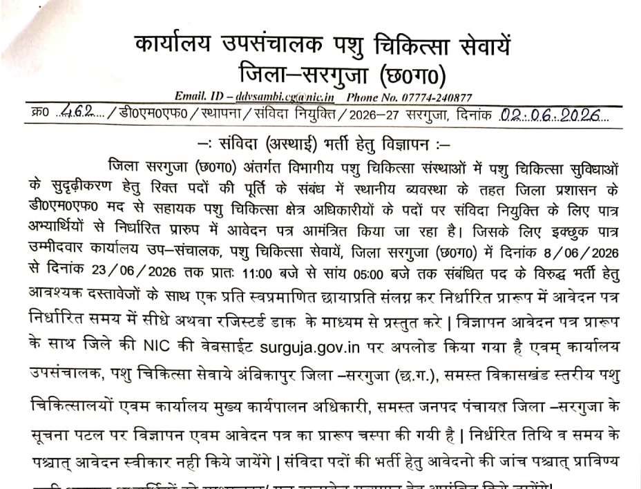 Surguja Veterinary Recruitment 2026