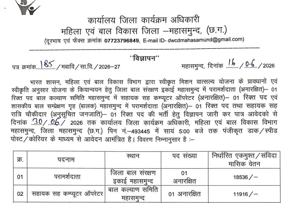 WCD Mahasamund Mission Vatsalya Recruitment 2026